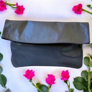 Vintage Gray Leather Clutch Fold Over Flap Suede Lined Handbag